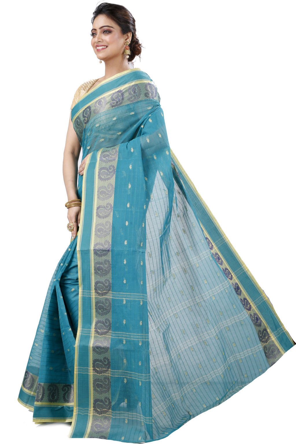 Dark Green Pure Cotton Kolka_Guti Tant Saree (5134)
